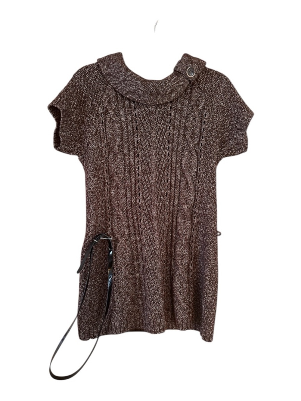 Brown Short-Sleeve Cable Knit Sweater Tunic with belt so soft pxl